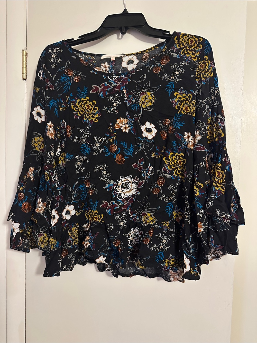 Solitaire Black Floral Ruffle-Sleeve Blouse with Mustard & Blue Accents